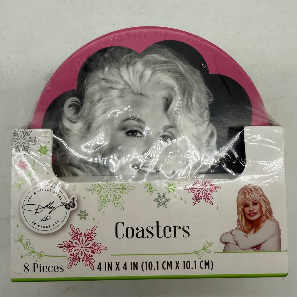 Dolly Parton 8 Piece Coaster Set 4x4 Holiday Snowflake Designs New Sealed